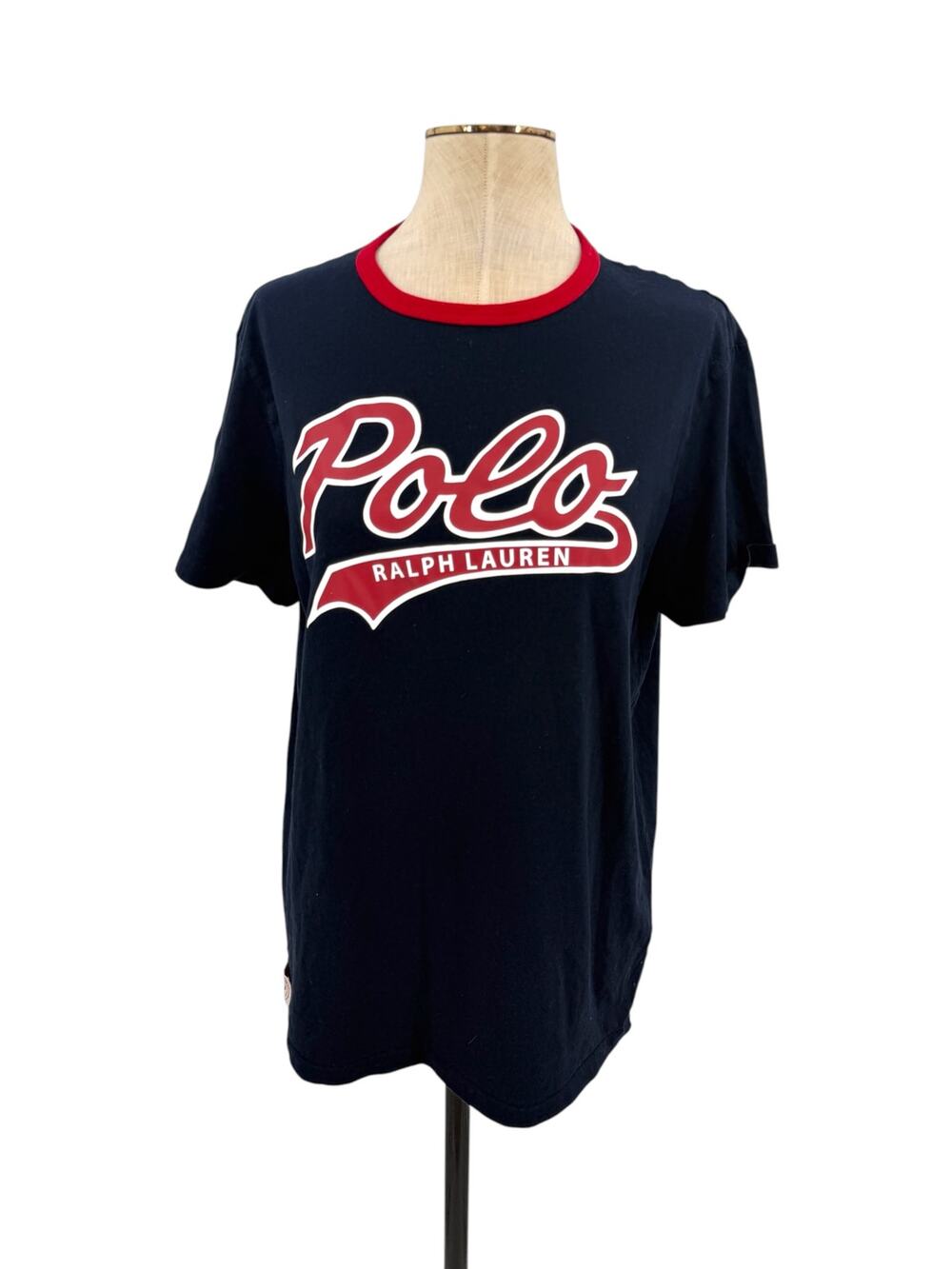 Polo Ralph Lauren Script Logo Custom Slim Fit Ringer T-Shirt Navy Red Size L